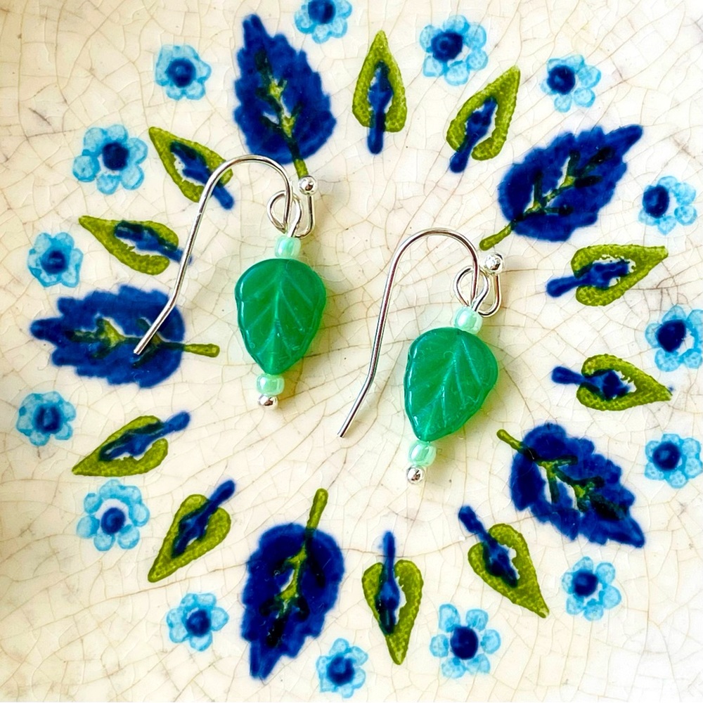 sterling silver and vintage leaf 🍃 glass bead earrings boho jewelry gift gifts